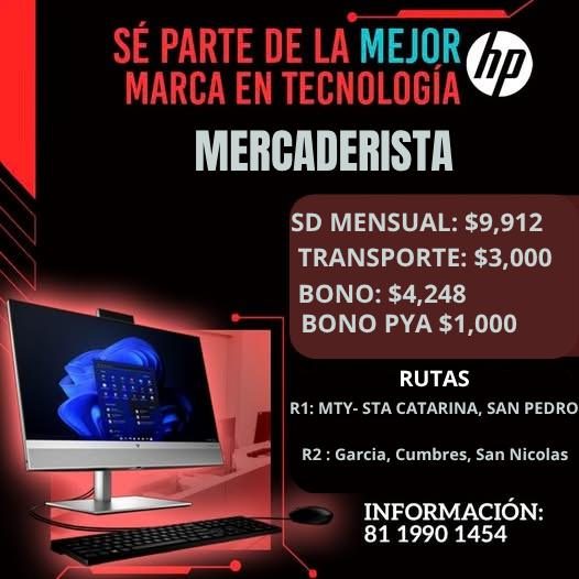 Banner del anuncio de la vacante: SÉ PARTE DE LA MEJOR · MARCA EN TECNOLOGIA · MERCADERISTA · SD MENSUAL: $9,912 · TRANSPORTE: $3,000 · BONO: $4,248 · BONO PYA $1,000 · RUTAS