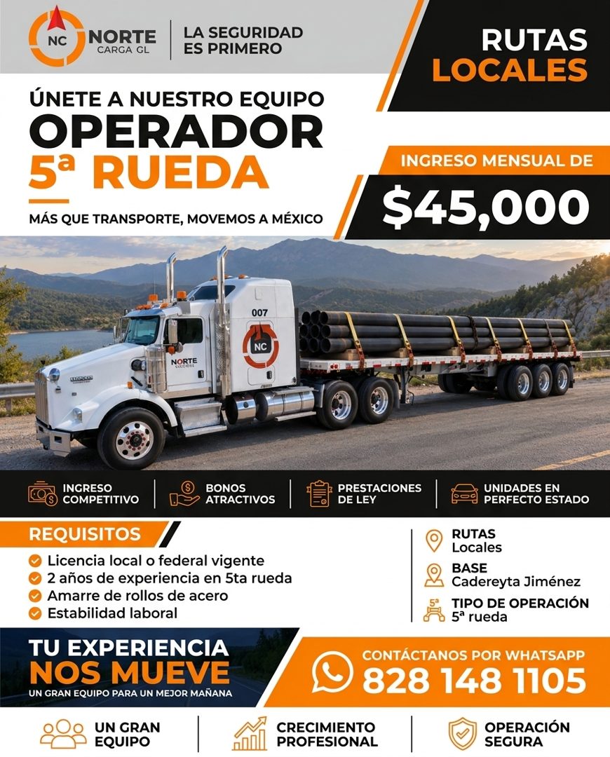 Banner del anuncio de la vacante: NC · NORTE · CARGA GL · LA SEGURIDAD · ES PRIMERO · RUTAS · LOCALES · ÚNETE A NUESTRO EQUIPO · OPERADOR · 5ª RUEDA · MÁS QUE TRANSPORTE, MOV