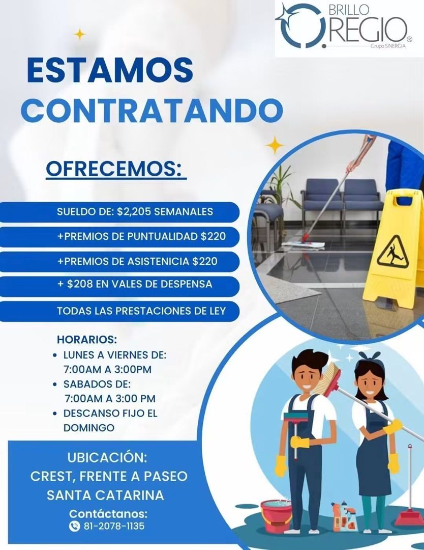 Banner del anuncio de la vacante: BRILLO · CUREGIO. · Grupo SINERGIA · ESTAMOS · CONTRATANDO · OFRECEMOS: · SUELDO DE: $2,205 SEMANALES · + PREMIOS DE PUNTUALIDAD $220 · + PR