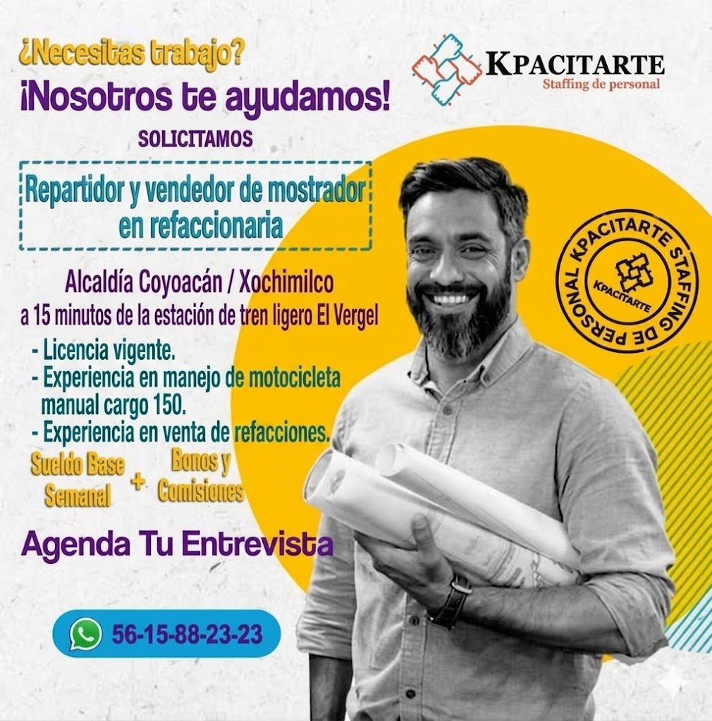 Banner del anuncio de la vacante: ¿Necesitas trabajo? · ¡Nosotros te ayudamos! · SOLICITAMOS · Repartidor y vendedor de mostrador: · en refaccionaria · Alcaldía Coyoacán / Xo