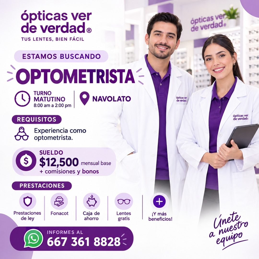 Banner del anuncio de la vacante: ópticas ver · de verdad® · TUS LENTES, BIEN FÁCIL · ópticas ver · de verdad. · ESTAMOS BUSCANDO · OPTOMETRISTA · TURNO · MATUTINO · 8:00 am 