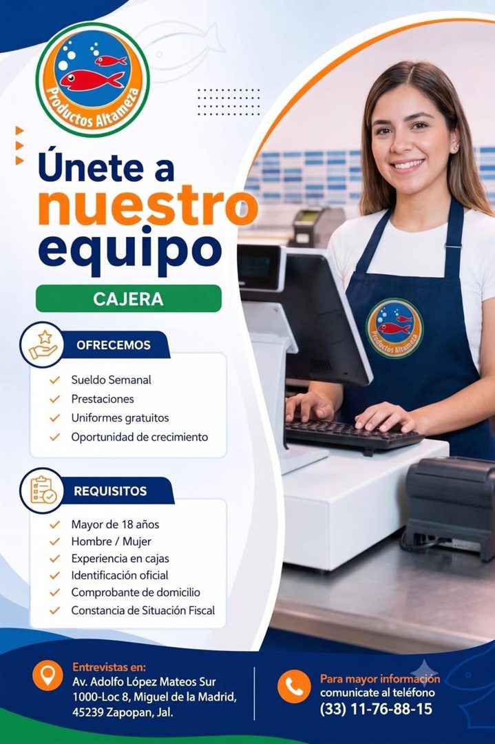 Banner del anuncio de la vacante: Unete a · nuestro · equipo · CAJERA · OFRECEMOS · Sueldo Semanal · Prestaciones · Uniformes gratuitos · Oportunidad de crecimiento · THC CO 