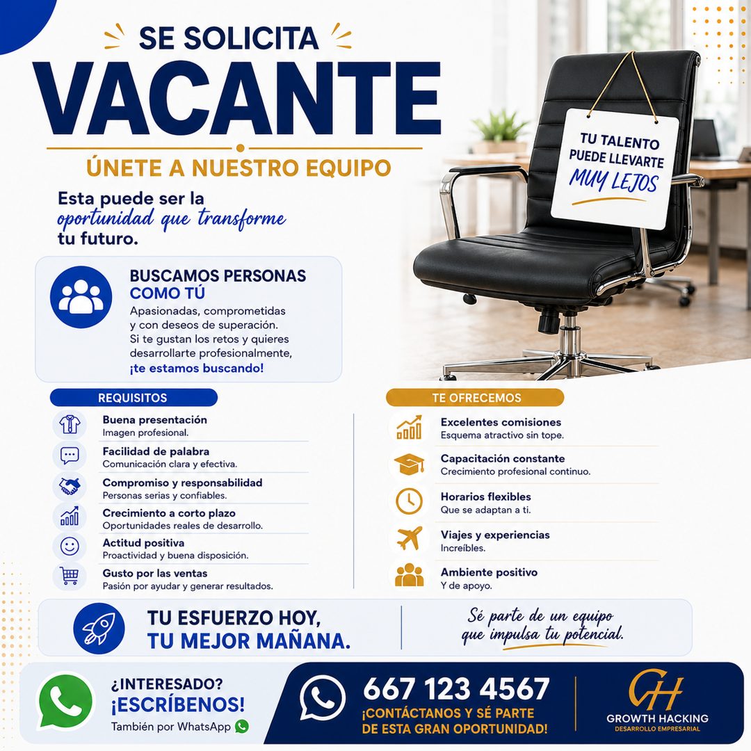 Banner del anuncio de la vacante: SE SOLICITA · VACANTE · ÚNETE A NUESTRO EQUIPO · Esta puede ser la · oportunidad que transforme · tu futuro. · BUSCAMOS PERSONAS · COMO TÚ ·