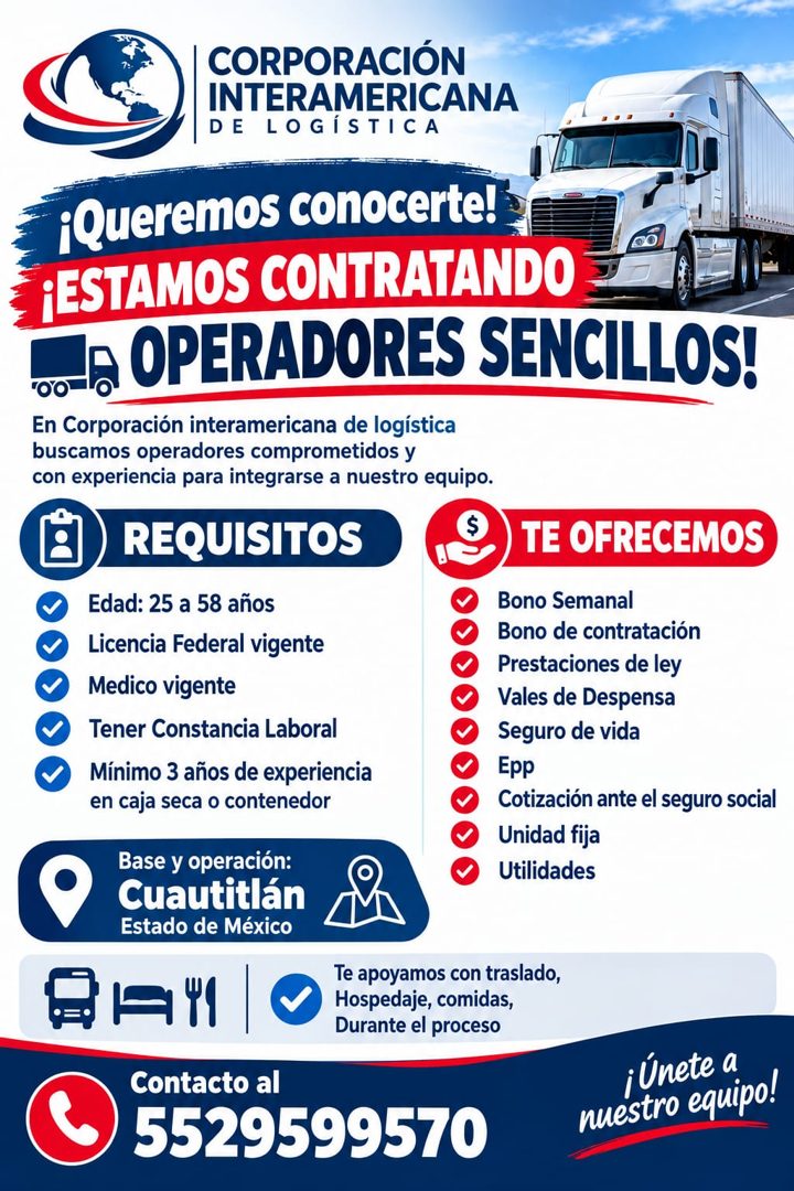 Banner del anuncio de la vacante: CORPORACIÓN · INTERAMERICANA · DE LOGÍSTICA · ¡Queremos conocerte! · ¡ESTAMOS CONTRATANDO · "O0 · OPERADORES SENCILLOS! · En Corporación int