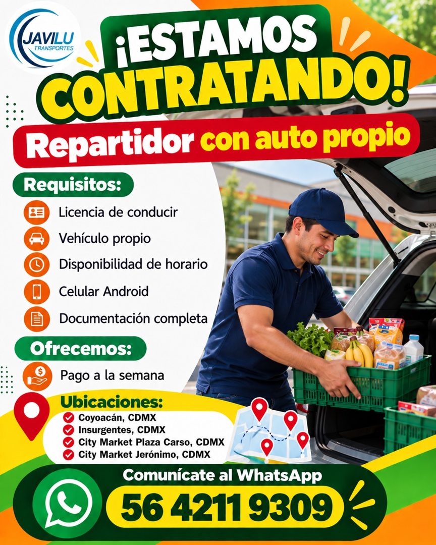 Banner del anuncio de la vacante: JAVILU · TRANSPORTES · ¡ESTAMOS · CONTRATANDO! · Repartidor con auto propio · Requisitos: · BE · Licencia de conducir · Vehículo propio · Di