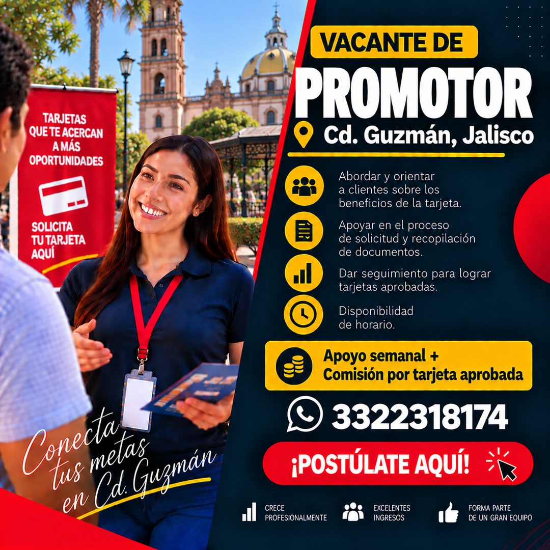 Banner del anuncio de la vacante: TARJETAS · QUE TE ACERCAN · A MÁS · OPORTUNIDADES · SOLICITA · TU TARJETA · AQUI · Copecta · tus metas · en · VACANTE DE · PROMOTOR · Cd. Gu