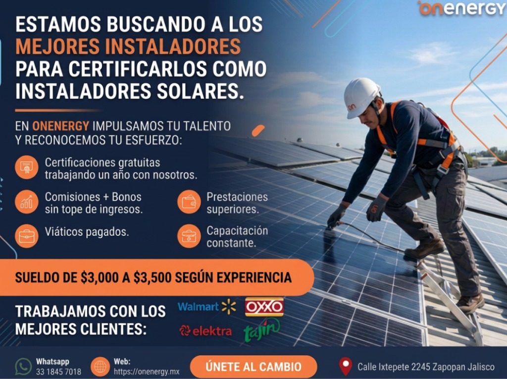 Banner del anuncio de la vacante: onenergy · ESTAMOS BUSCANDO A LOS · MEJORES INSTALADORES · PARA CERTIFICARLOS COMO · INSTALADORES SOLARES. · EN ONENERGY IMPULSAMOS TU TALEN