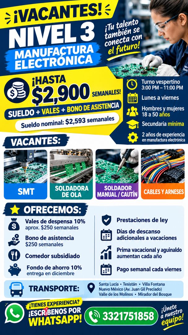 Banner del anuncio de la vacante: ÷ iVACANTES! ≤ · NIVEL 3 · MANUFACTURA · ELECTRONICA · ¡HASTA · $2,900 SAMUSI · SUELDO + VALES + BONO DE ASISTENCIA · Sueldo nominal: $2,593