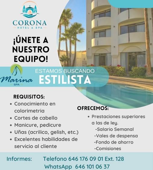 Banner del anuncio de la vacante: CORONA · HOTEL & SPA · ¡ÚNETE A · NUESTRO · EQUIPO! · ESTAMOS BUSCANDO · Marina · SPA · ESTILISTA · REQUISITOS: · • Conocimiento en · colori