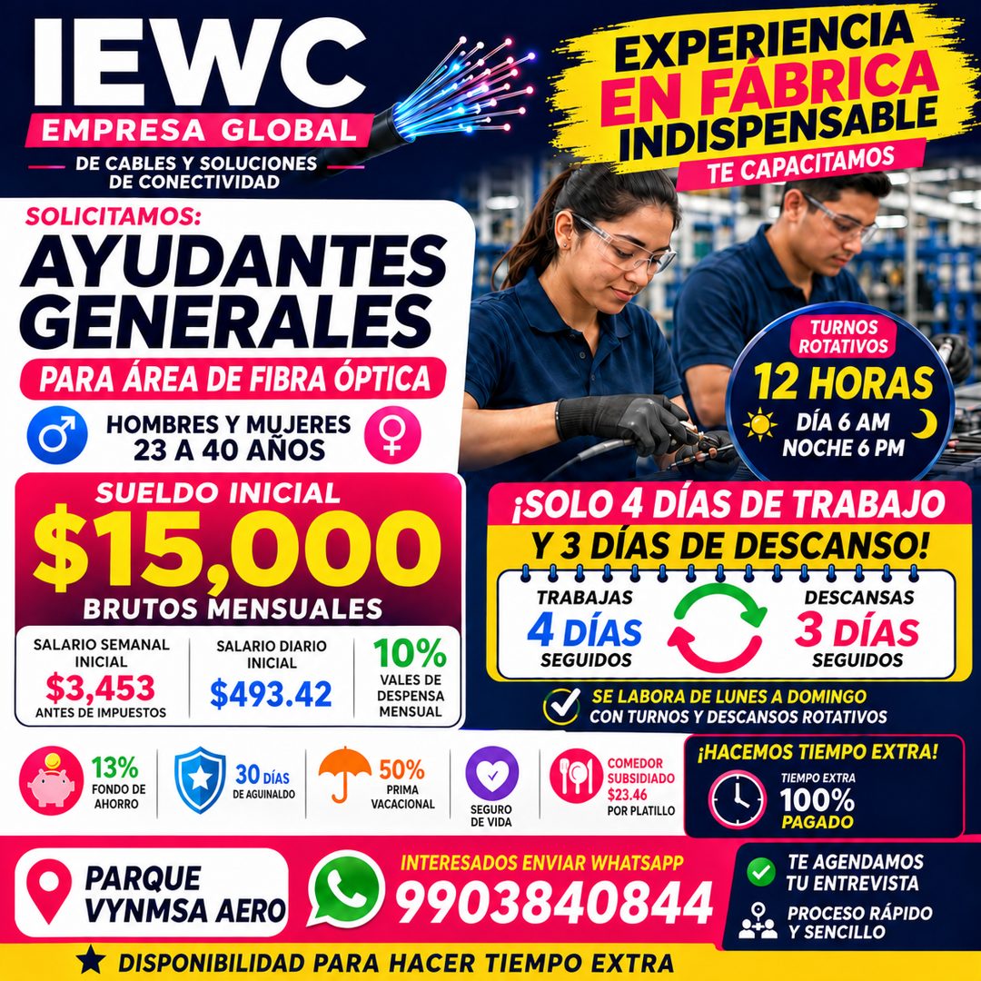Banner del anuncio de la vacante: IEWC · EMPRESA GLOBAL · — DE CABLES Y SOLUCIONES · DE CONECTIVIDAD · SOLICITAMOS: · AYUDANTES · GENERALES · PARA ÁREA DE FIBRA ÓPTICA · HOMB