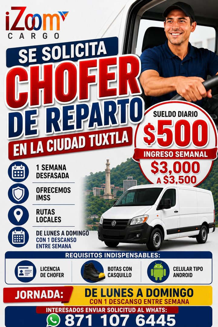 Banner del anuncio de la vacante: iZaomy · CARGO · SE SOLICITA · CHOFER · DE REPARTO · SUELDO DIARIO · EN LA CIUDAD TUXTLA · ($500 · INGRESO SEMANAL · 1 SEMANA · DESFASADA · 