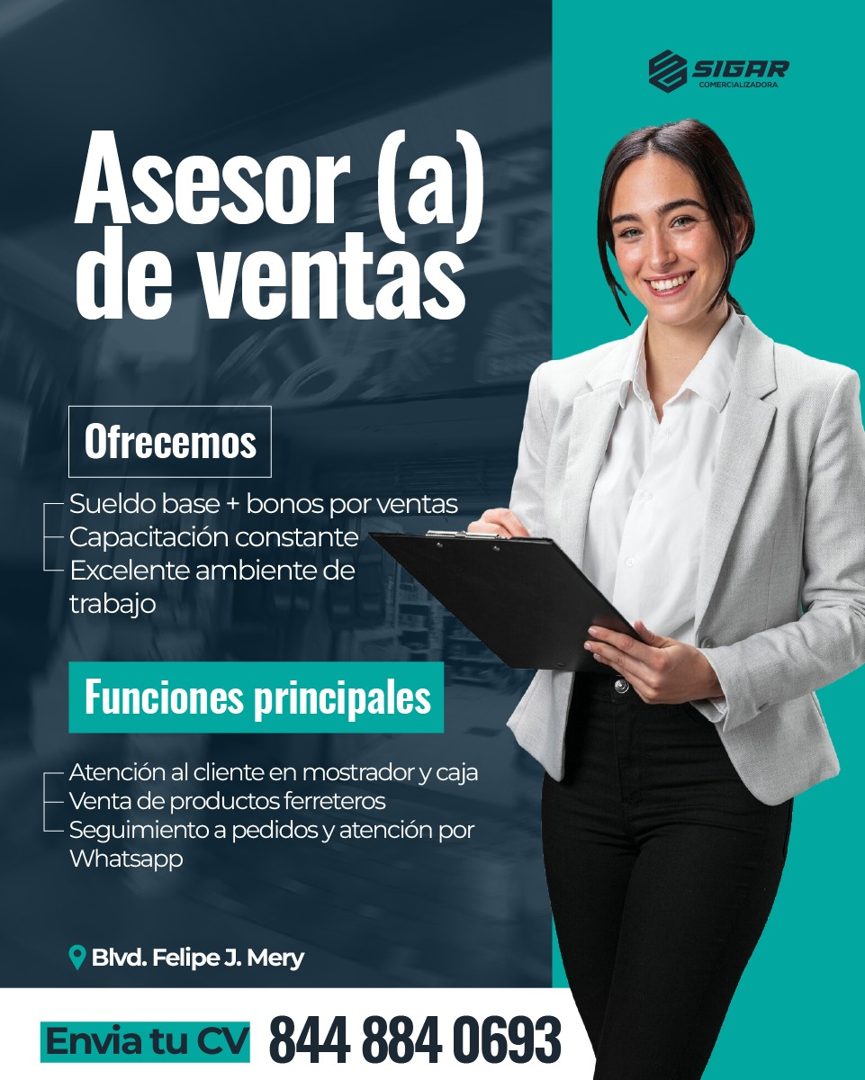 Banner del anuncio de la vacante: SIGAR · COMERCIALIZADORA · Asesor (a) · de ventas · Ofrecemos · Sueldo base + bonos por ventas · Capacitación constante · Excelente ambiente