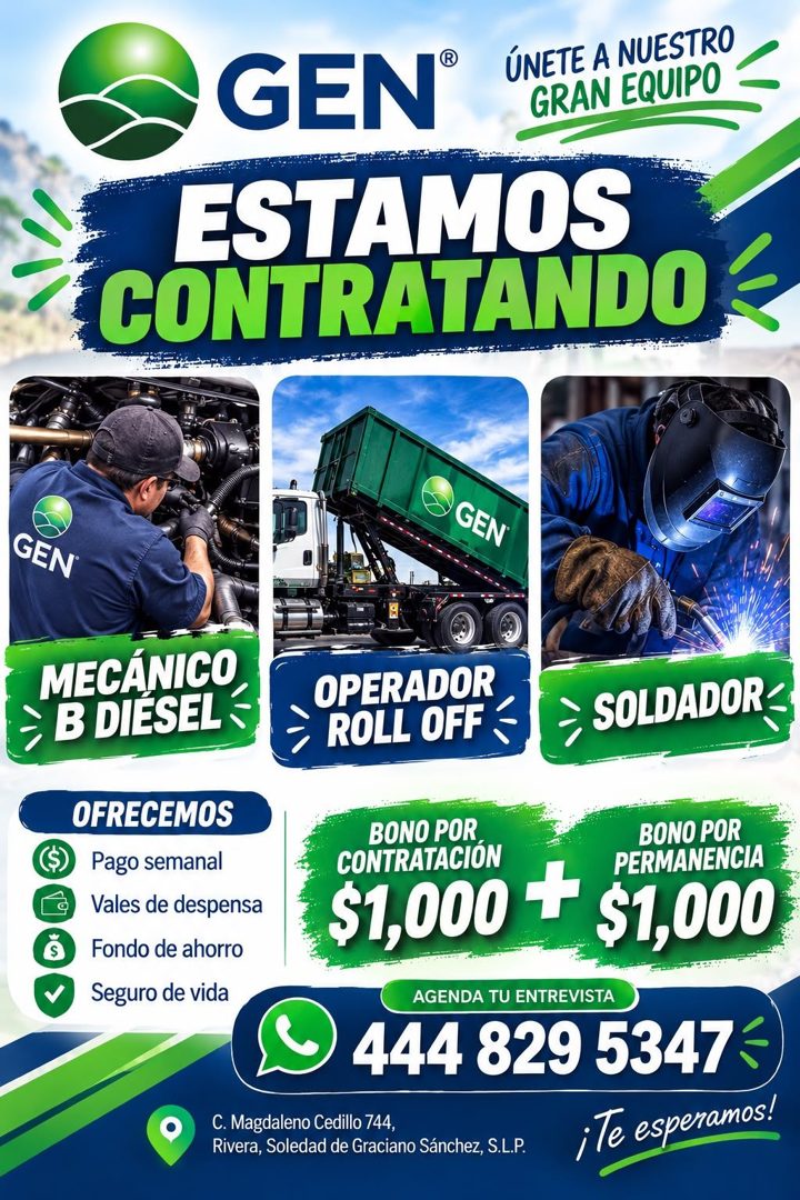 Banner del anuncio de la vacante: GEN® · ÚNETE A NUESTRO · GRAN EQUIPO · ESTAMOS · CONTRATANDO · GEN · GEN · MECÁNICO · B DIESEL · OFRECEMOS · Pago semanal · Vales de despens