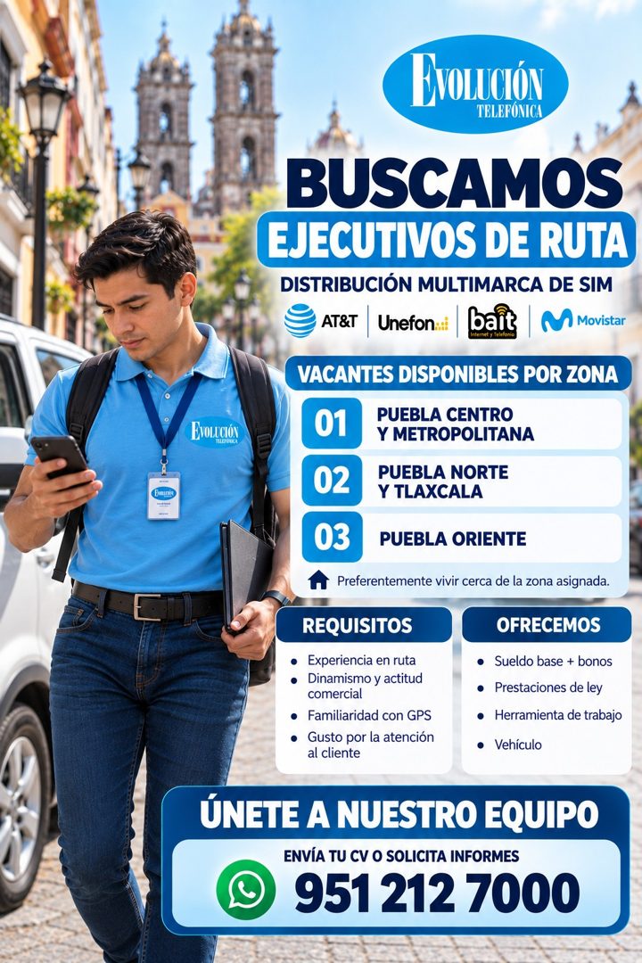Banner del anuncio de la vacante: EVOLUCIÓN · TELEFÓNICA · BUSCAMOS · EJECUTIVOS DE RUTA · DISTRIBUCIÓN MULTIMARCA DE SIM · AT&T · Unefon..: · bait · 1 Movistar · nternet y T