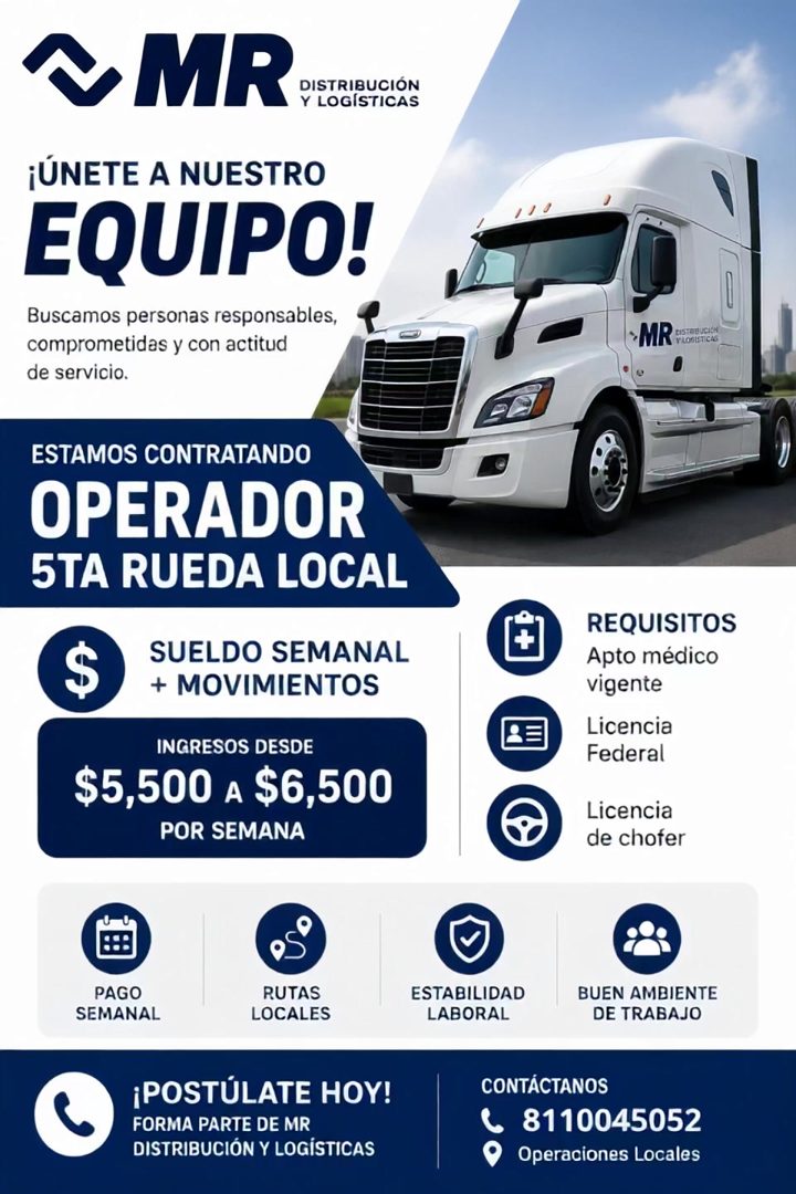 Banner del anuncio de la vacante: ~ MR · DISTRIBUCIÓN · Y LOGÍSTICAS · ¡ÚNETE A NUESTRO · EQUIPO! · Buscamos personas responsables, · comprometidas y con actitud · de servici