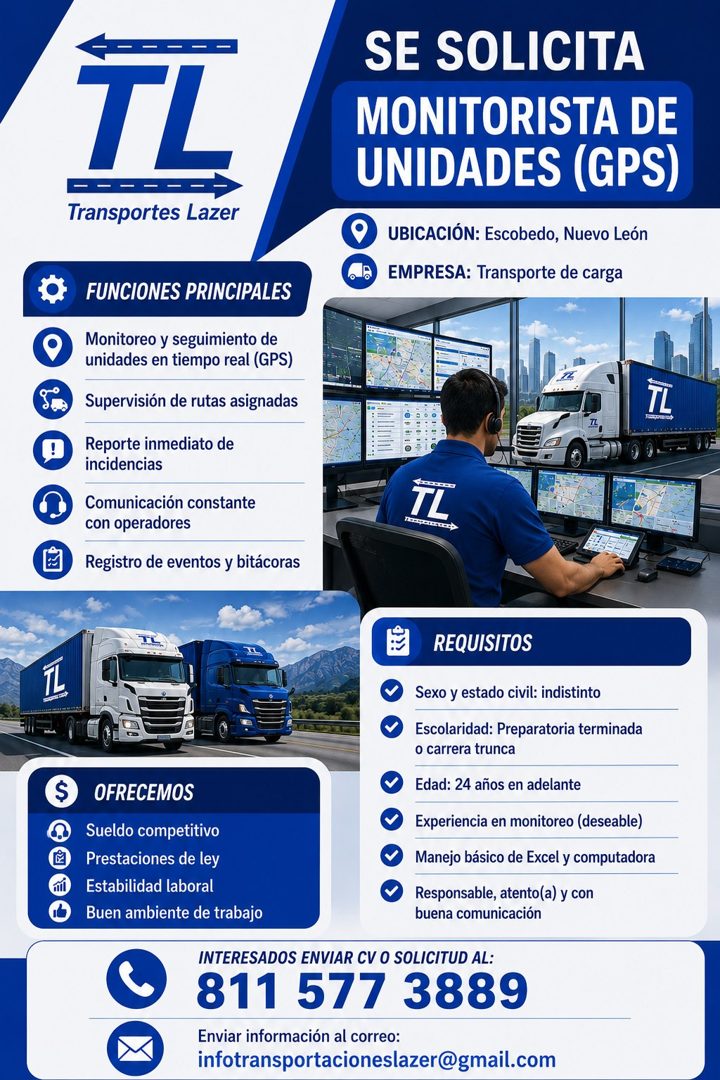 Banner del anuncio de la vacante: TL · Transportes Lazer · SE SOLICITA · MONTORISTA DE · UNIDADES (GPS) · UBICACIÓN: Escobedo, Nuevo León · EMPRESA: Transporte de carga · FUN