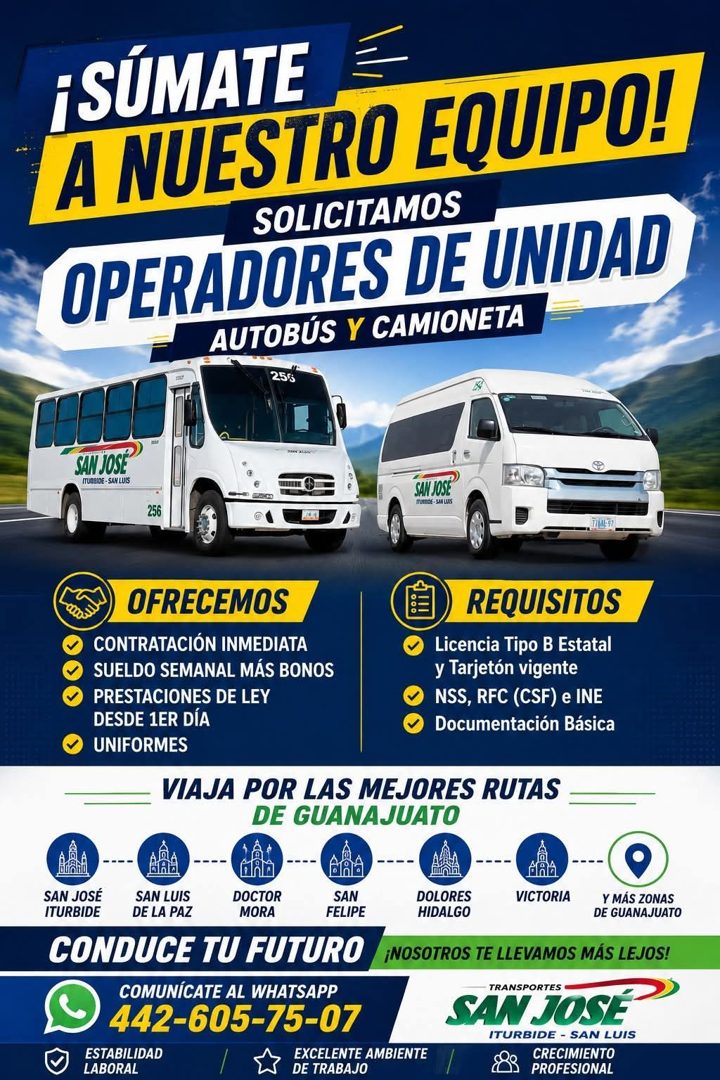 Banner del anuncio de la vacante: SÚMATE · A NUESTRO EQUIPO! · SOLICITAMOS · OPERADORES DE UNIDAD · AUTOBÚS Y CAMIONETA · SAN JOSE · ITURBIDE - SAN LUIS · SAN JOSE · MUTBDE -