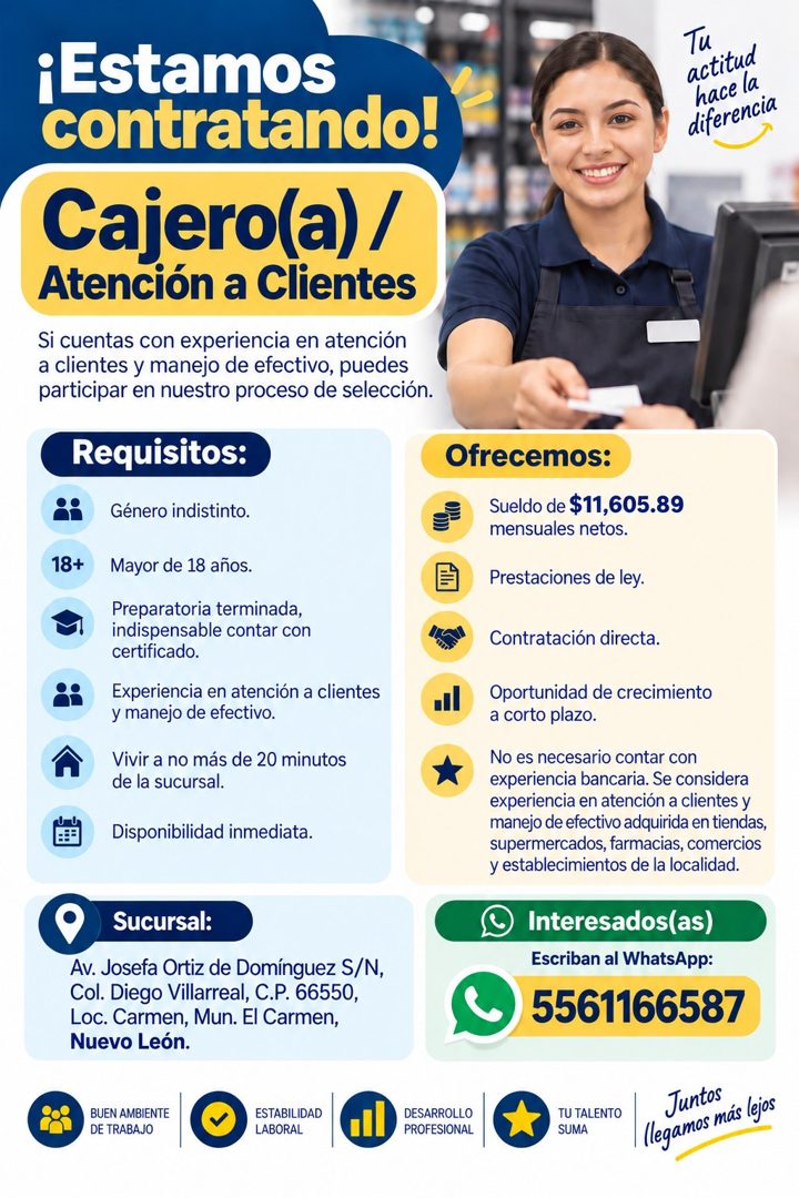 Banner del anuncio de la vacante: ¡Estamos · contratando! · Cajero(a) / · Atención a Clientes · Si cuentas con experiencia en atención · a clientes y manejo de efectivo, pued
