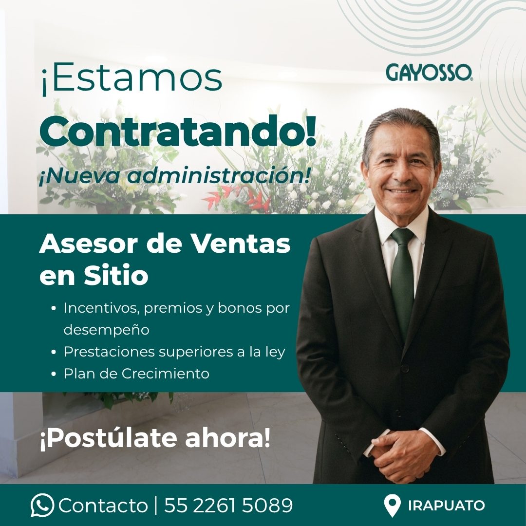 Banner del anuncio de la vacante: ¡Estamos · Contratando! · ¡Nueva administración! · Asesor de Ventas · en Sitio · • Incentivos, premios y bonos por · desempeño · • Prestacio