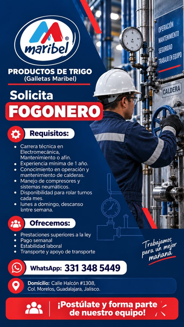 Banner del anuncio de la vacante: maribel · OPERACIÓN · MANTENIMENTO · SEGURIDAD · TRABAJO EN EQUIPO · PRODUCTOS DE TRIGO · (Galletas Maribel) · Solicita · FOGONERO · Requisi