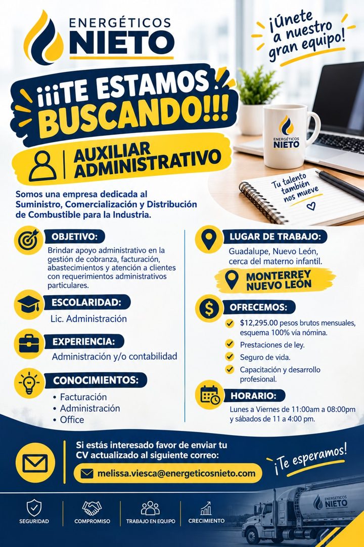 Banner del anuncio de la vacante: ENERGÉTICOS · NIETO · '¡¡TE ESTAMOS!. · BUSCANDO!!! · AUXILIAR · ADMINISTRATIVO · Somos una empresa dedicada al · Suministro, Comercializaci