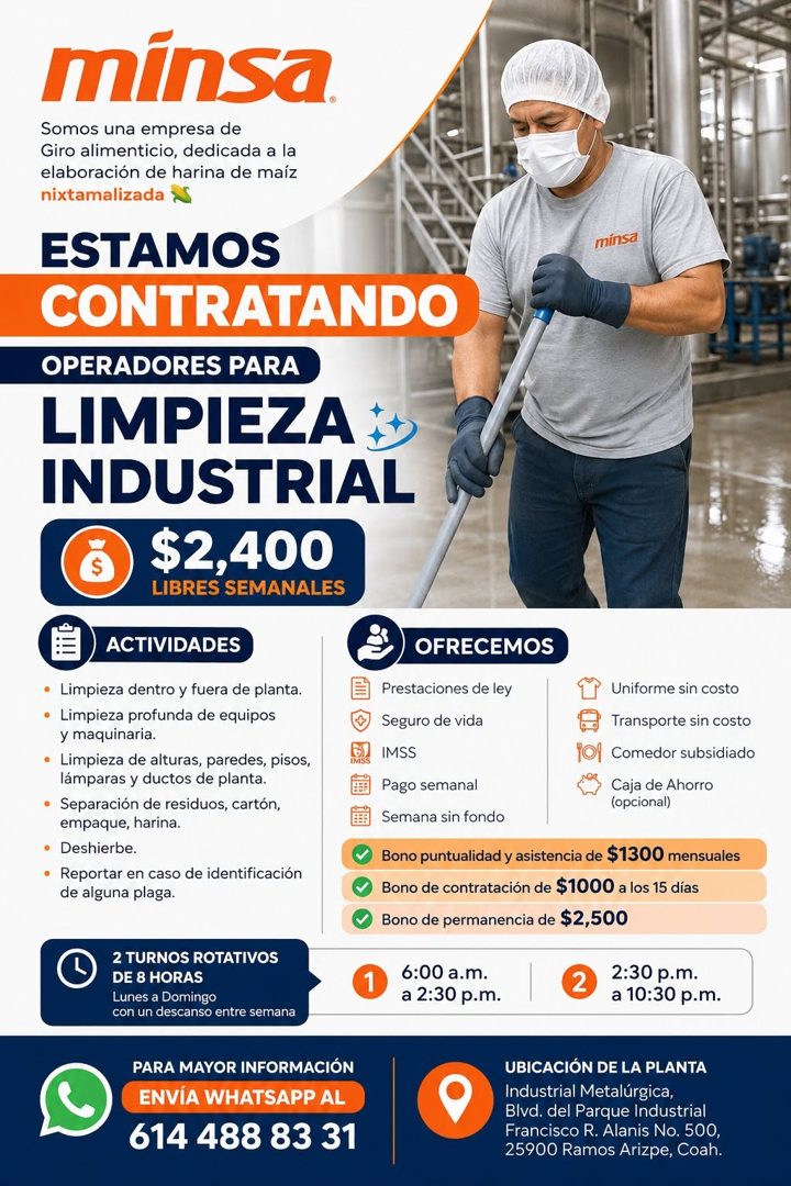 Banner del anuncio de la vacante: minsa. · Somos una empresa de · Giro alimenticio, dedicada a la · elaboración de harina de maíz · nixtamalizada · ESTAMOS · CONTRATANDO · OP