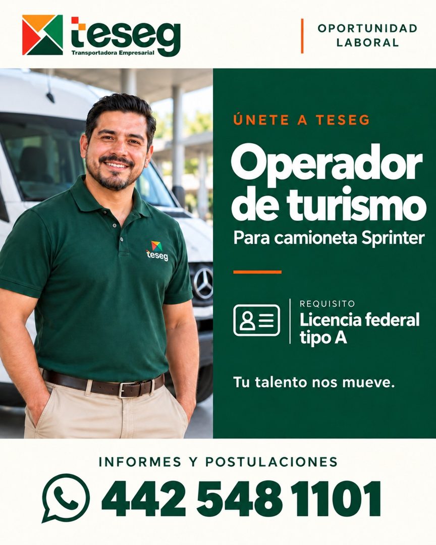 Banner del anuncio de la vacante: teseg · Transportadora Empresarial · OPORTUNIDAD · LABORAL · ÚNETE A TESEG · Operador · de turismo · Para camioneta Sprinter · teseg · REQUI