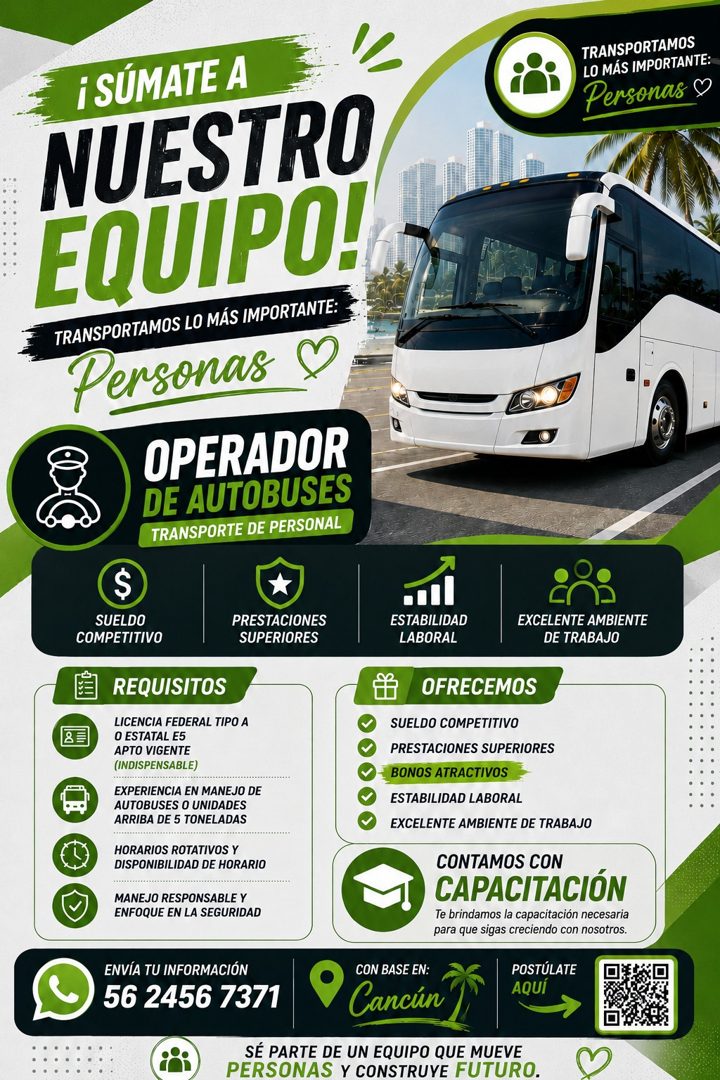 Banner del anuncio de la vacante: ¡ SÚMATE A · NUESTRO · EQUIPO! · TRANSPORTAMOS LO MÁS IMPORTANTE: · Personas · OPERADOR · DE AUTOBUSES · TRANSPORTE DE PERSONAL · TRANSPORTA