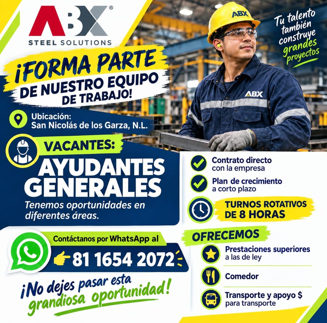Banner del anuncio de la vacante: STEEL SOLUTIONS · ¡FORMA PARTE · DE NUESTRO EQUIPO · DE TRABAJO! · Ubicación: · San Nicolás de los Garza, N.L. · VACANTES: · AYUDANTES · GEN