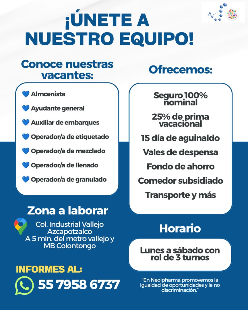 Banner del anuncio de la vacante: ¡ÚNETE A · NUESTRO EQUIPO! · Conoce nuestras · vacantes: · • Almcenista · ~ Ayudante general · • Auxiliar de embarques · « Operador/a de eti