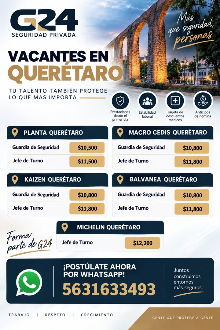 Banner del anuncio de la vacante: C24 · SEGURIDAD PRIVADA · Más · que seguridad, · personas · VACANTES EN · QUERETARO · TU TALENTO TAMBIÉN PROTEGE · LO QUE MÁS IMPORTA · PLAN