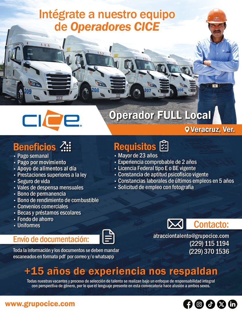 Banner del anuncio de la vacante: Intégrate a nuestro equipo · de Operadores CICE · 209 · 208 · 207 · 206 · cice. · Operador FULL Local · • Veracruz, Ver. · Beneficios · • Pa