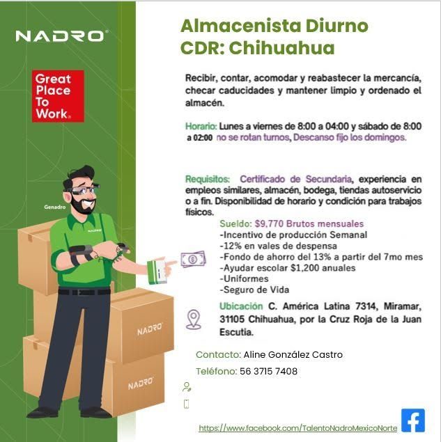 Banner del anuncio de la vacante: NADRO · Great · Place · To · Work. · NADRO · NADRO · Almacenista Diurno · CDR: Chihuahua · Recibir, contar, acomodar y reabastecer la mercan