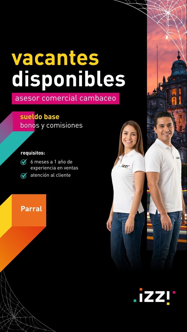 Banner del anuncio de la vacante: vacantes · disponibles · asesor comercial cambaceo · sueldo base · bonos y comisiones · requisitos: · 6 meses a 1 año de · experiencia en ve