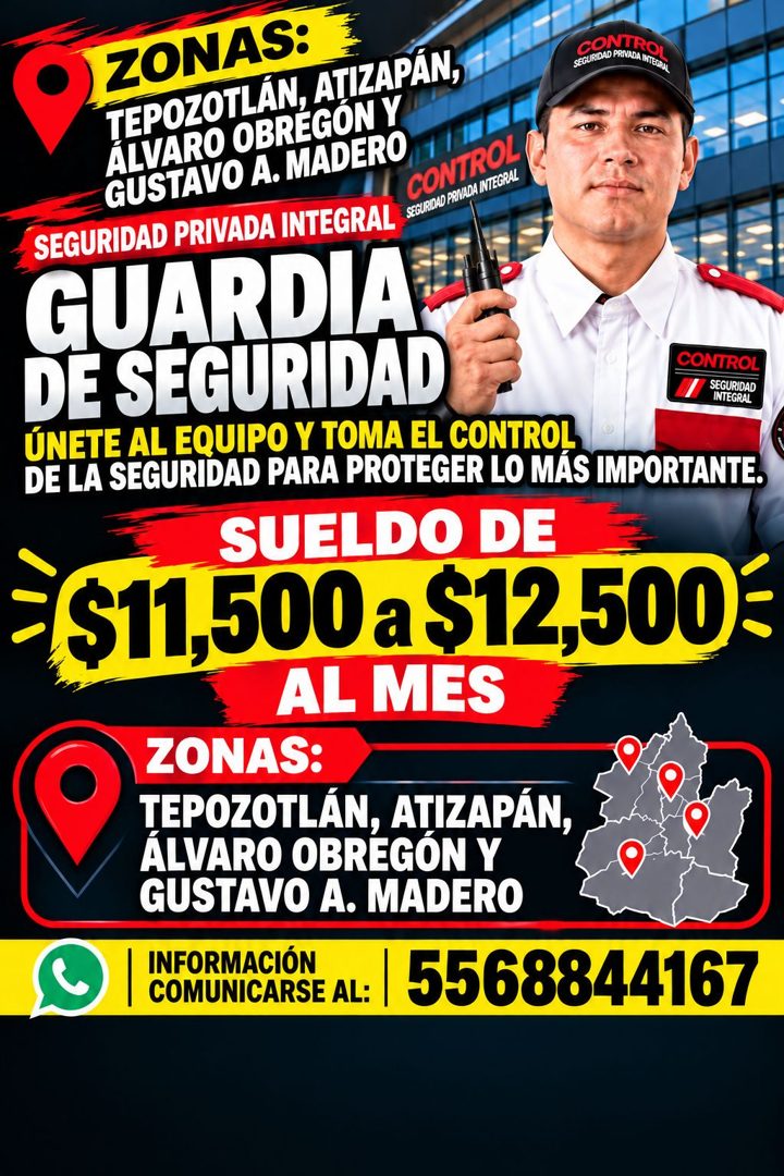 Banner del anuncio de la vacante: ZONAS: · TEPOZOTLÁN, ATIZAPÁN, · CO MIRO · SEGUIDAD PRADA ITERAL · ALVARO OBREGON Y · GUSTAVO A. MADERO · AL CONTROL · SEGURIDAD PRIVADA INT