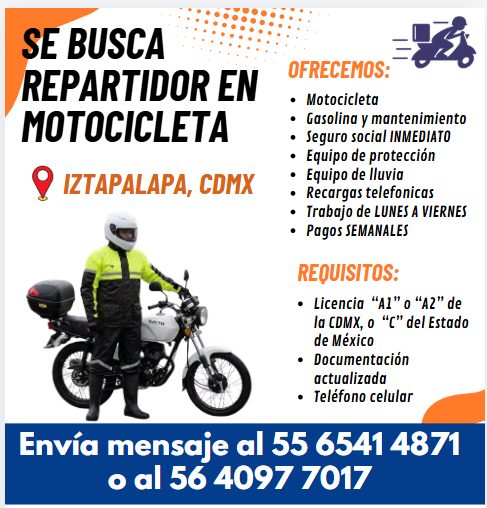 Banner del anuncio de la vacante: SE BUSCA · REPARTIDOR EN · MOTOCICLETA · • IZTAPALAPA, CDMX · OFRECEMOS: · • Motocicleta · • Gasolina y mantenimiento · • Seguro social INME