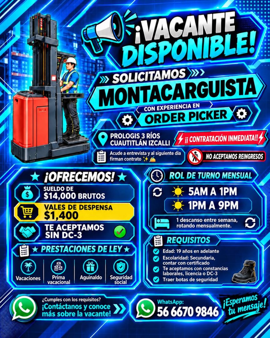 Banner del anuncio de la vacante: Vacaciones · F¡ VACANTE · DISPONIBLE! · ›› SOLICITAMOS » · MONTACARGUISTA · CON EXPERIENCIA EN · ORDER PICKER · PROLOGIS 3 RÍOS · CUAUTITLÁN