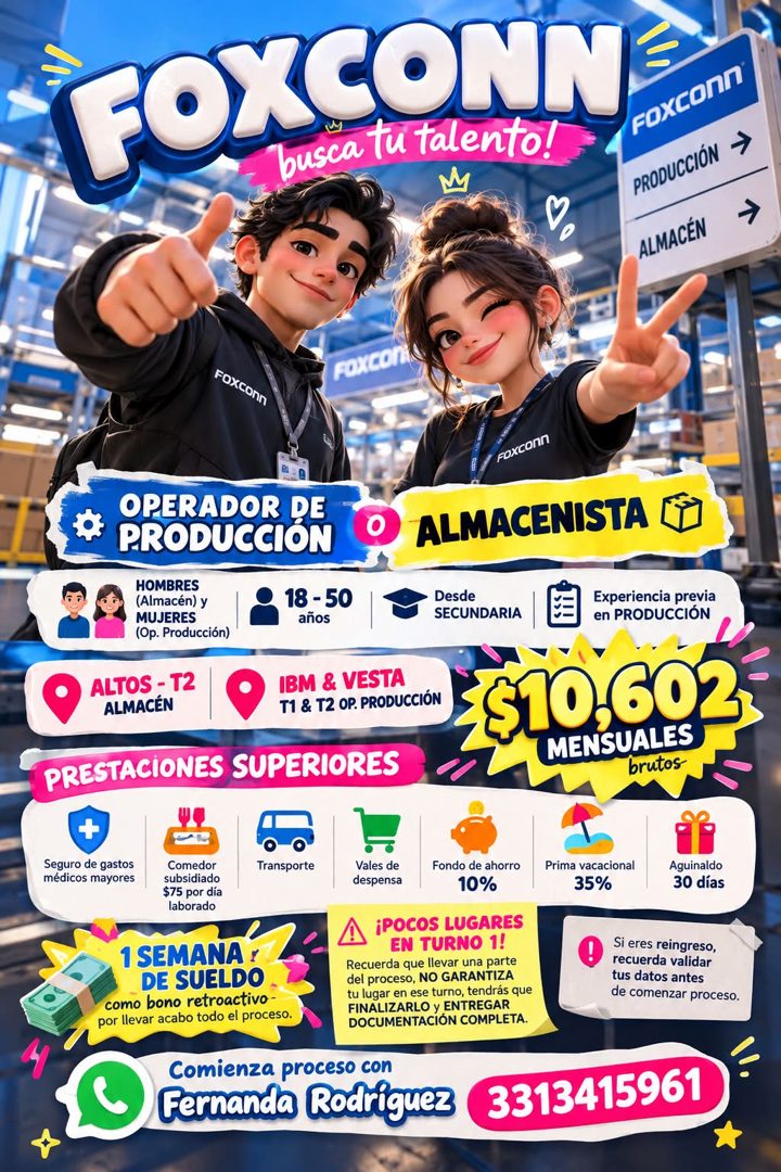 Banner del anuncio de la vacante: FO, CONN · busca tu talento! · FOxcOnn · PRODUCCIÓN · ALMACEN · FOXCOTA · Foxconn · OPERADOR DE · PRODUCCIÓN · HOMBRES · (Almacén) y · MUJER
