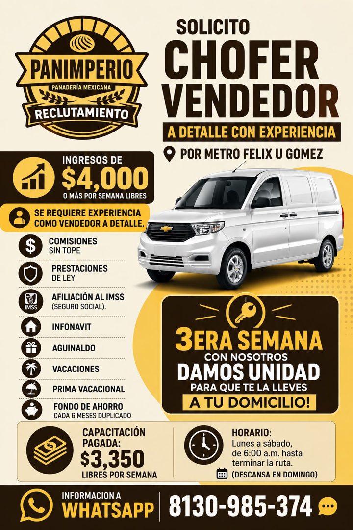 Banner del anuncio de la vacante: PANIMPERIO · PANADERÍA MEXICANA · RECLUTAMIENTO · SOLICITO · CHOFER · VENDEDOR · A DETALLE CON EXPERIENCIA · • POR METRO FELIX U GOMEZ · $ ·