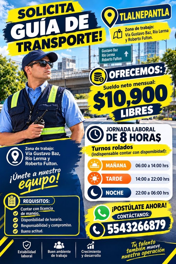 Banner del anuncio de la vacante: SOLICITA · GUÍA DE · TRANSPORTE! · Gustavo Baz · Río Lerma · Roberto Fulton · TLALNEPANTLA · Zona de trabajo: · Vía Gustavo Baz, Río Lerma ·