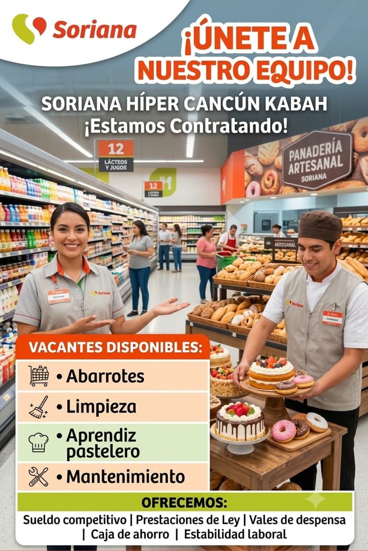 Banner del anuncio de la vacante: Soriana · ¡ÚNETEA · NUESTRO EQUIPO! · SORIANA HÍPER CANCÚN KABAH · ¡Estamos Contratando! · 12 · LÁCTEOS · PANADERÍA · Y JUGOS · ARTESANAL · 