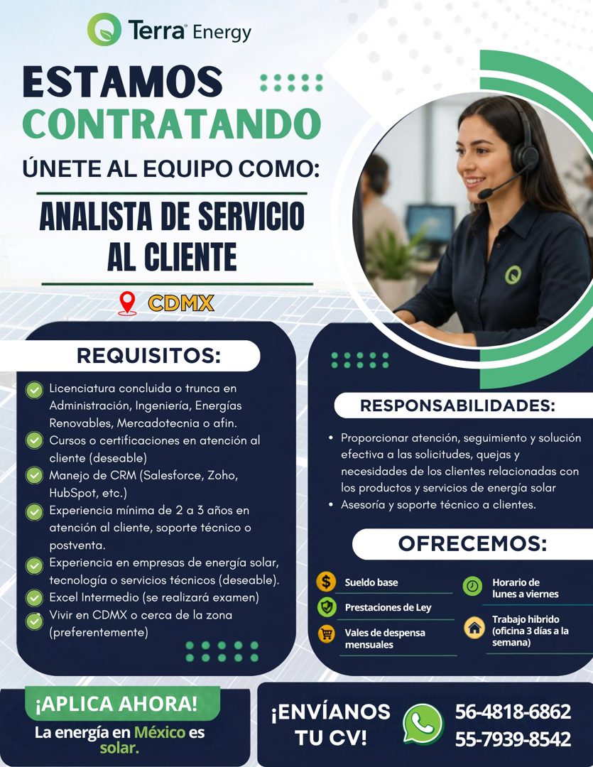 Banner del anuncio de la vacante: lerra Energy · ESTAMOS · CONTRATANDO · ÚNETE AL EQUIPO COMO: · ANALISTA DE SERVICIO · AL CLIENTE · CDMX · REQUISITOS: · Licenciatura conclui