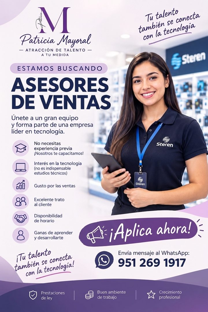 Banner del anuncio de la vacante: Tu talento · también se conecta · con la tecnologia · Patricia Mayoral · - ATRACCIÓN DE TALENTO - · A TU MEDIDA · ESTAMOS BUSCANDO · ASESORE