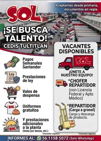Banner del anuncio de la vacante: SOL · tral de Abastos · ¡SÉ BUSCA · TALENTO! • · CEDIS TULTITLÁN · Aceptamos desde primaria, · documentos en regla. · VACANTES · DISPONIBLES