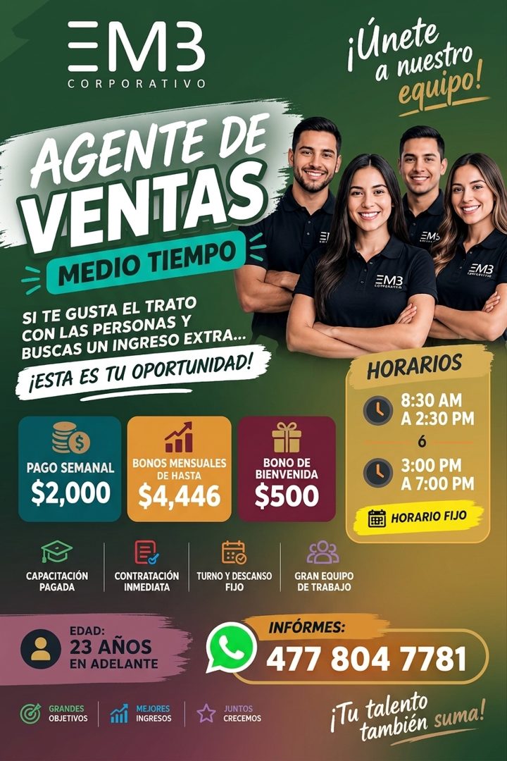 Banner del anuncio de la vacante: EM3 · CORPORATIVO · AGENTE DE · VENTAS · ≥ MEDIO TIEMPO · SI TE GUSTA EL TRATO · CON LAS PERSONAS Y · BUSCAS UN INGRESO EXTRA... · ¡ESTA ES 