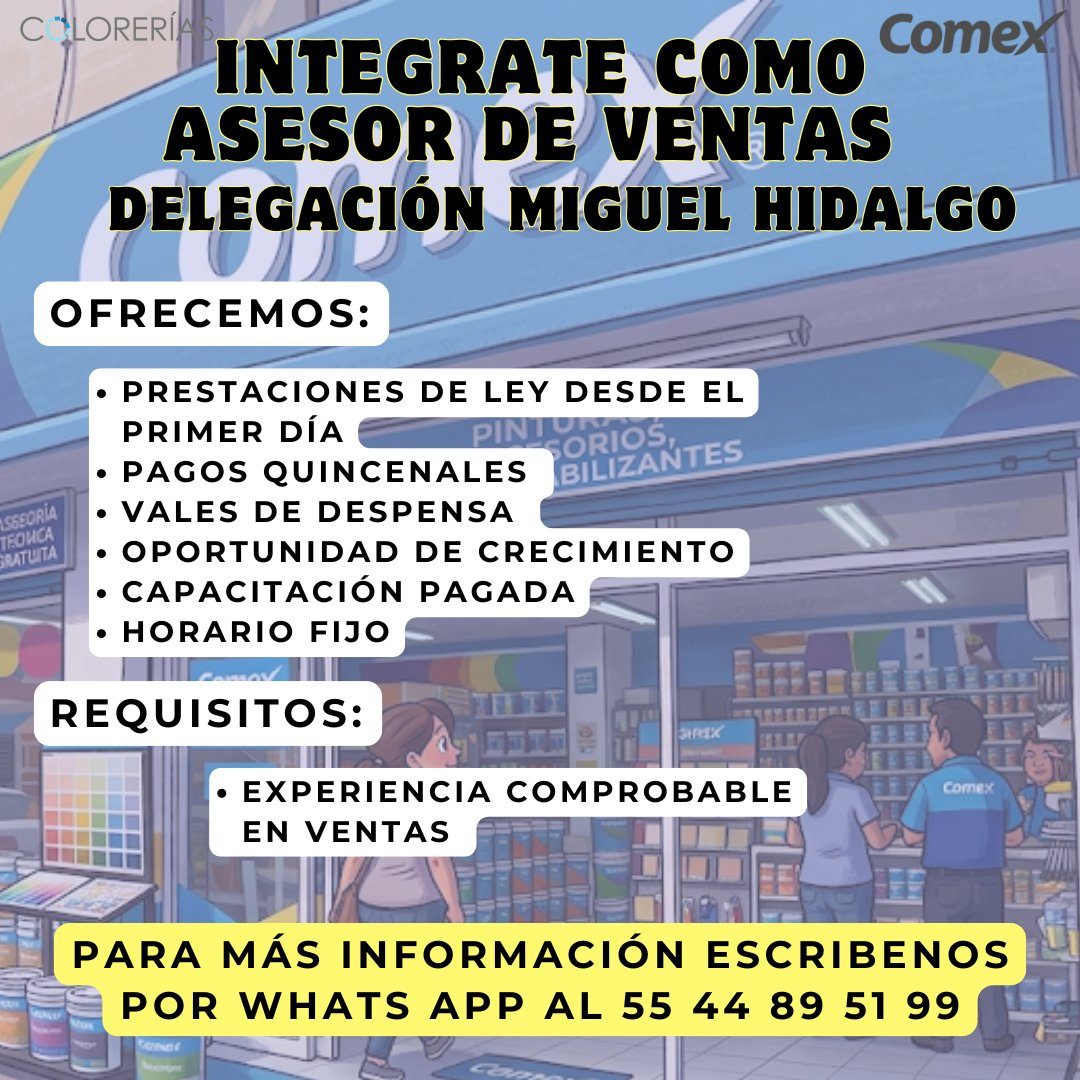 Banner del anuncio de la vacante: C FLORERI · INTEGRATE COMO Comex · ASESOR DE VENTAS · DELEGACIÓN MIGUEL HIDALGO · ISSEORÍA · TEORICA · TRATITA · OFRECEMOS: · • PRESTACIONES
