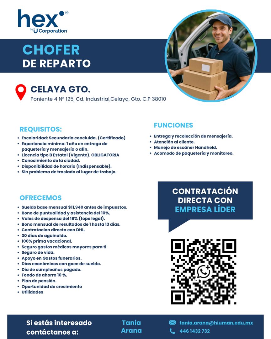 Banner del anuncio de la vacante: hex®® · by U Corporation · CHOFER · DE REPARTO · CELAYA GTO. · Poniente 4 N° 125, Cd. Industrial, Celaya, Gto. C.P 38010 · REQUISITOS: · • E
