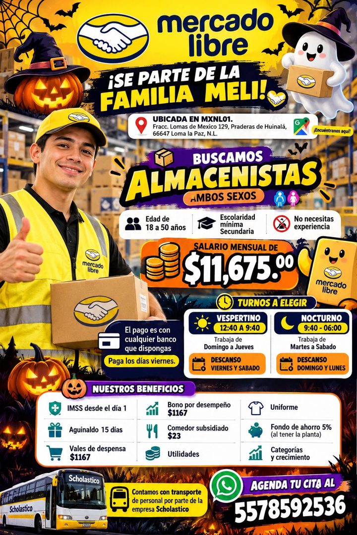Banner del anuncio de la vacante: mercado · libre · mercado · libre · ¡SE PARTE DE LA · FAMILIA MELI.* · UBICADA EN MXNL01. · Fracc. Lomas de Mexico 129, Praderas de Huinalá,