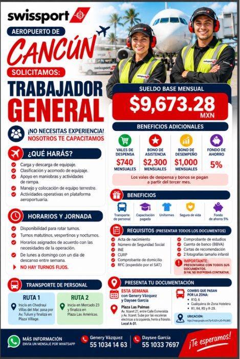 Banner del anuncio de la vacante: swissport · AEROPUERTO DE · CANCÚN · SOLICITAMOS: · TRABAJADOR · HANFKITI · ¡NO NECESITAS EXPERIENCIA! · NOSOTROS TE CAPACITAMOS · ¿QUÉ HARA