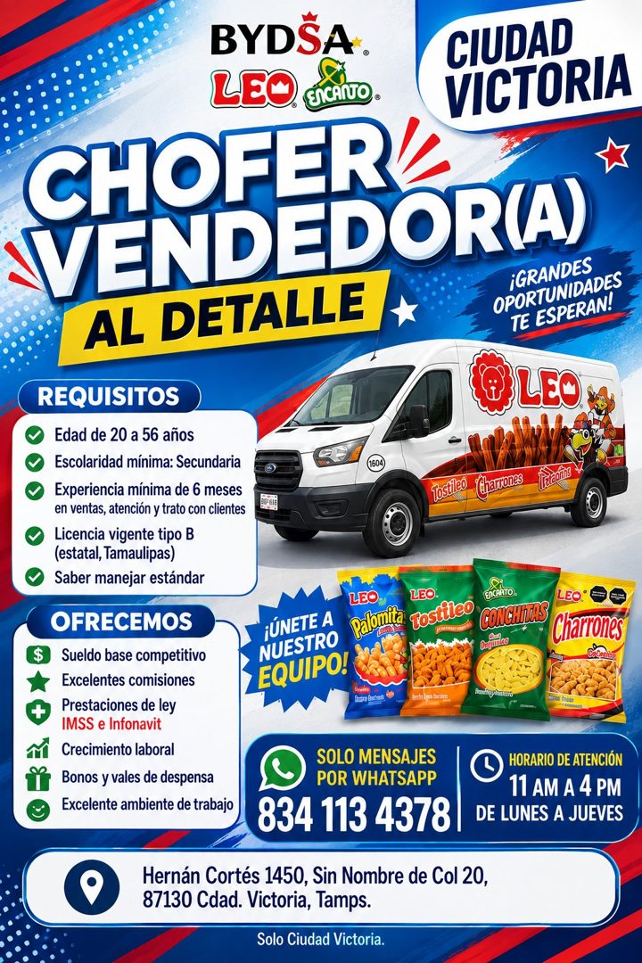 Banner del anuncio de la vacante: BYDSA · LEO · ENCANO® · CIUDAD · VICTORIA · CHOFER · VENDEDOR(A) · AL DETALLE · iGRANDES · OPORTUNIDADES · TE ESPERAN! · REQUISITOS · Edad d